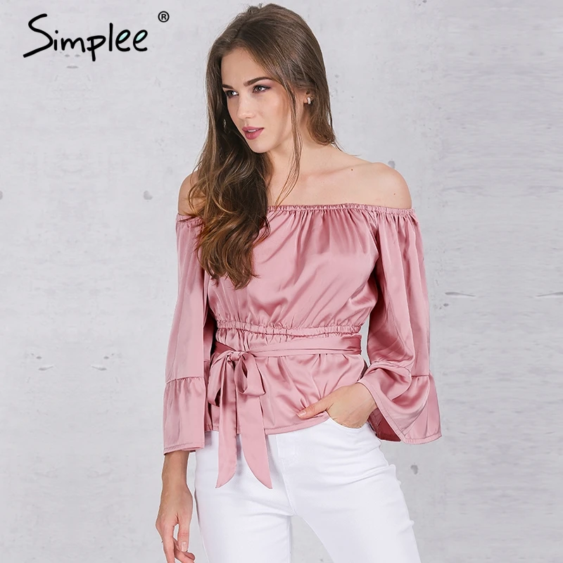 Simplee Apparel sexy с плеча рюшами лук блузка рубашка Мягкие атласные flare рукавом летом
