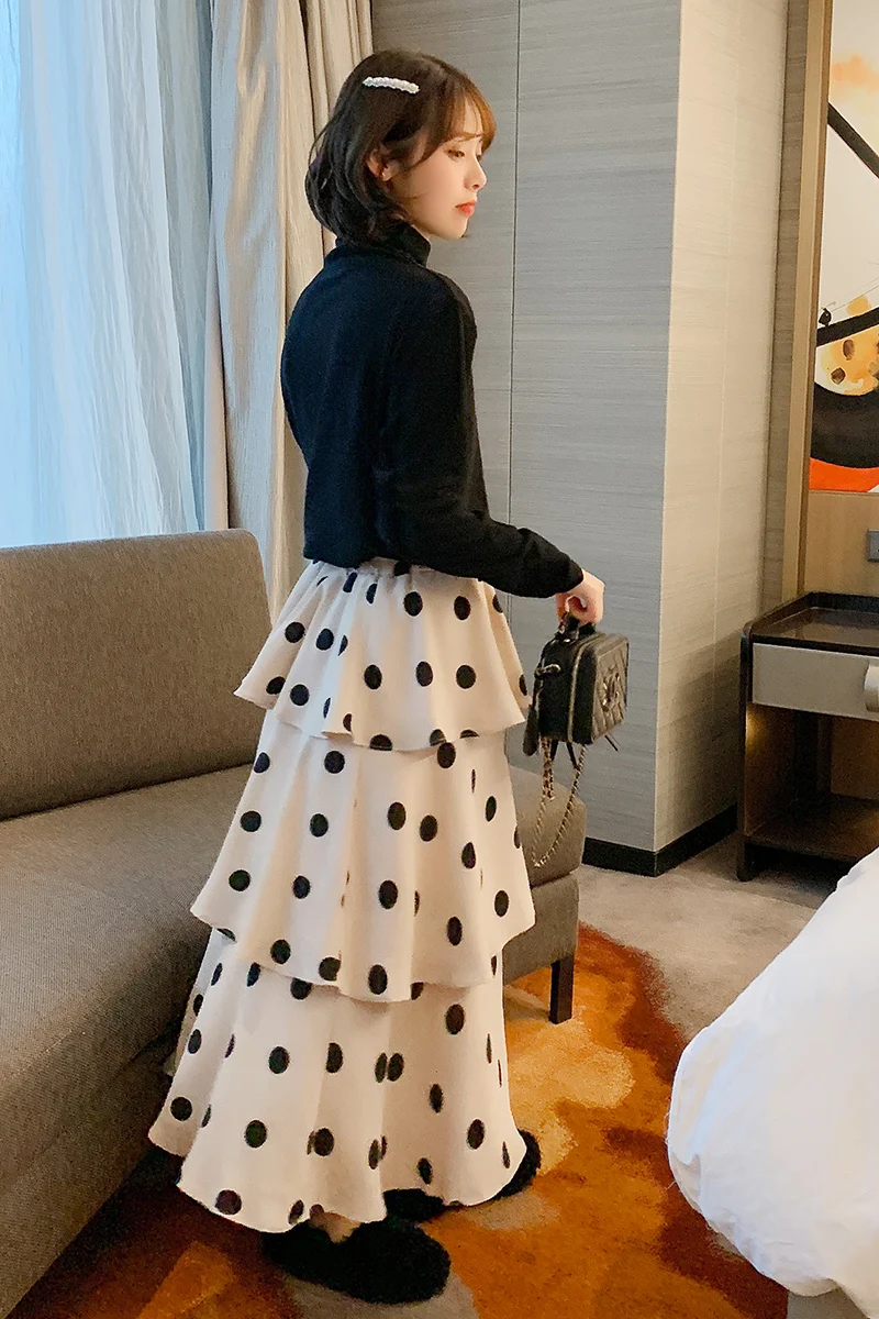 

2019 Early Spring Summer New Women Skirts Korean Style High Waist Retro Polka Dot Maxi Skirts Faldas Largas Verano