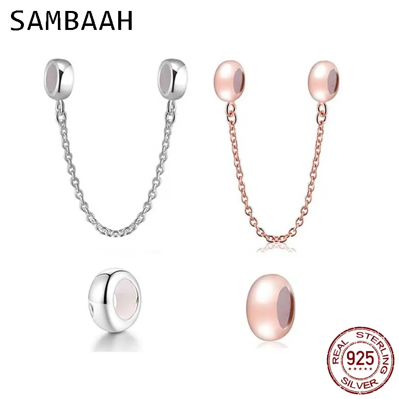 Sambaah 925 Серебряная цепочка безопасности с резиновой пробкой Шарм Бусины Подходит