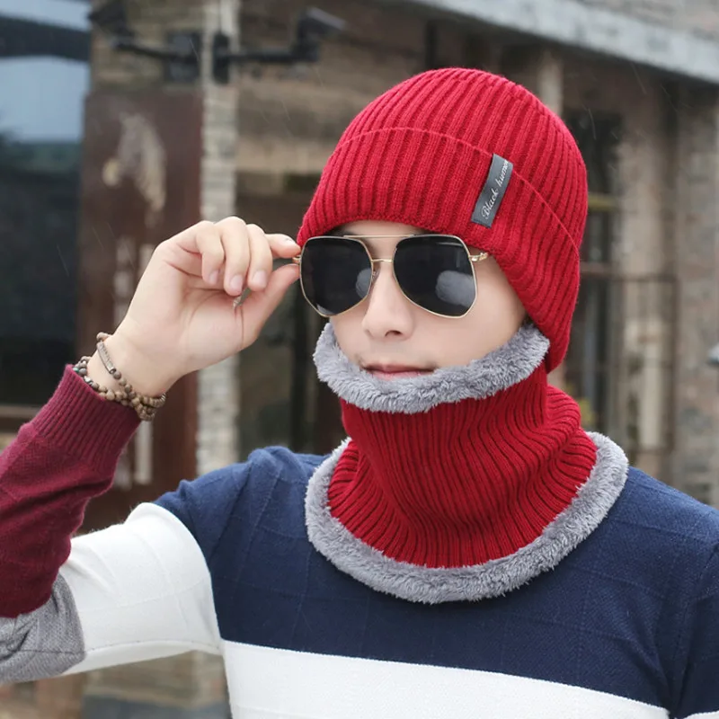 Шапочки Кепки S Для мужчин вязаный шарф Skullies Зимний комплект шляпа маска Твердые