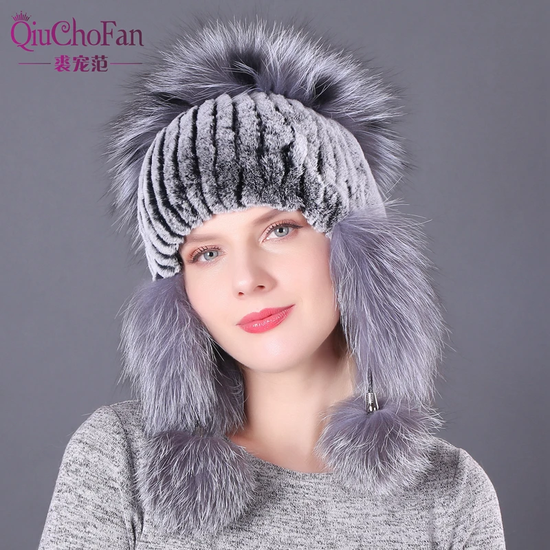

Зимние теплые Настоящий мех кролика эластичные вязаные шапки с лисой меховой цветок 2019 натуральный мех женские шапочки шапка с ушками