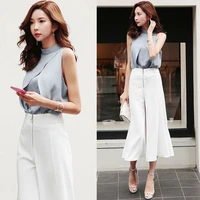 rg summer style sleeveless crop top pants suit formal business womens work office wear ruffle suits set tailleur femme 2018