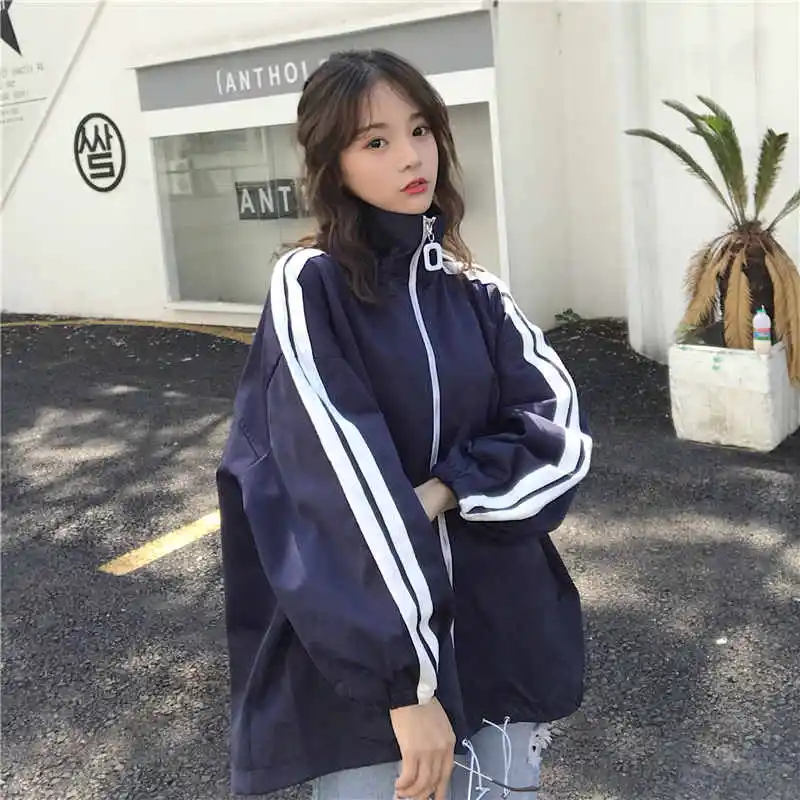 navy blue Женские куртки BF Harajuku, Женская куртка, Корейская версия, для студентов, свободные, для женщин, s, высокое качество, одежда в полоску, на молнии, с карманами, шикарная - Цвет: navy blue
