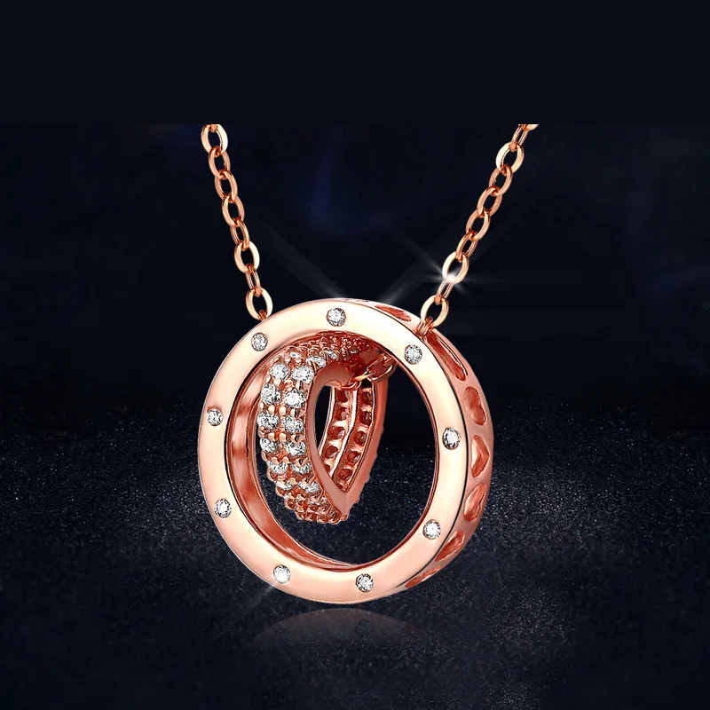 Два слоя круглый кулон содержит любящее сердце Серебро 925 Циркон ожерелье Fine Jewelry