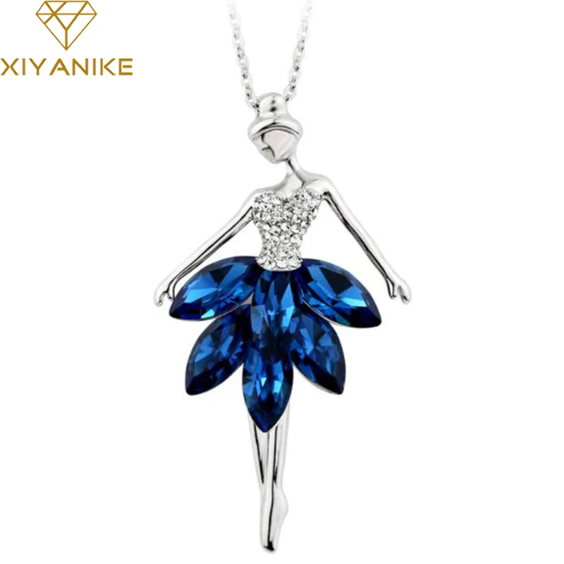 

XIYANIKE Elegant Blue Crystal Ballerina Girl Pendant Rhinestone Necklaces & Pendants Long Sweater Chain Statement Jewelry N53