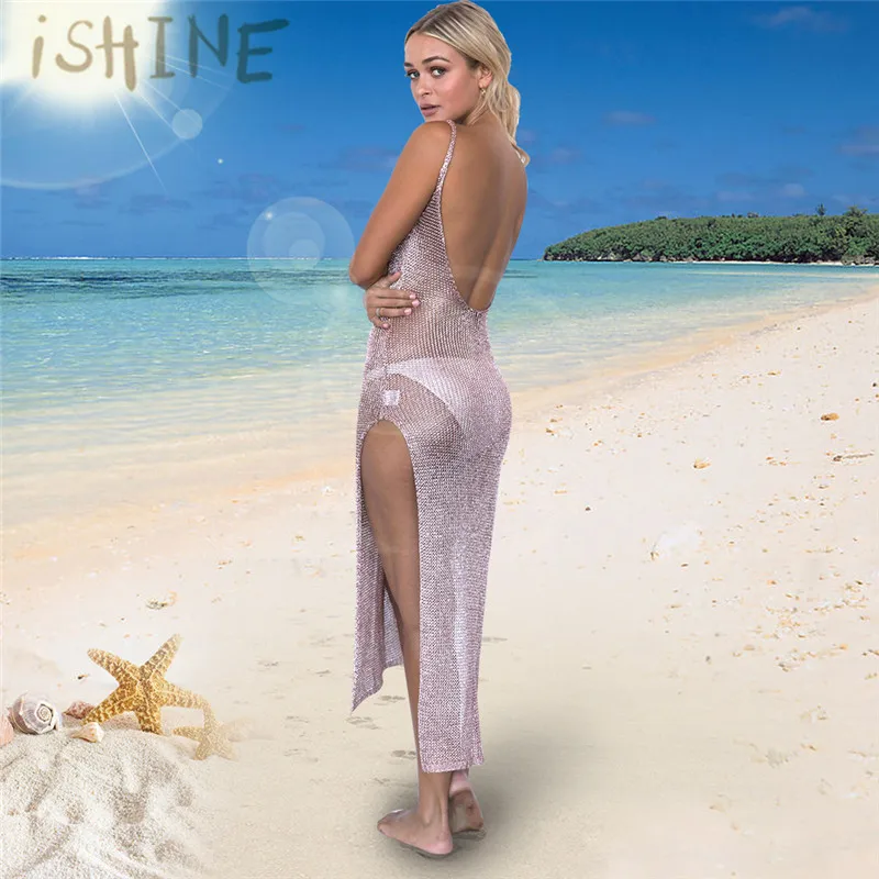 ISHINE растягивающееся женское летнее сексуальное пляжное платье открытые