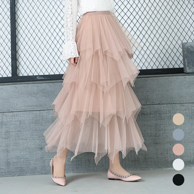 Women's Mesh Layer Cake Fairy Skirt Summer Ruffles Elastic Waist Ladies Sweet Midi Jupe Femme Tulle Tutu Long 3149LY | Женская
