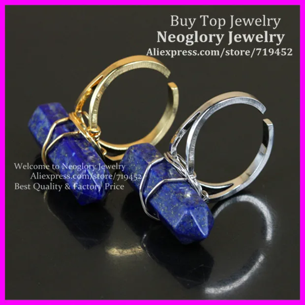 

10pcs Natural Lapis Lazuli Gems Finger Ring Gold/Silver Wire Wrapped Bail Point Ring Hexagon Reiki Charka Quartz Druzy Ring