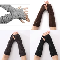 1pair women winter long gloves knitted fingerless gloves half triangle hollow arm female sleeves guantes mujer