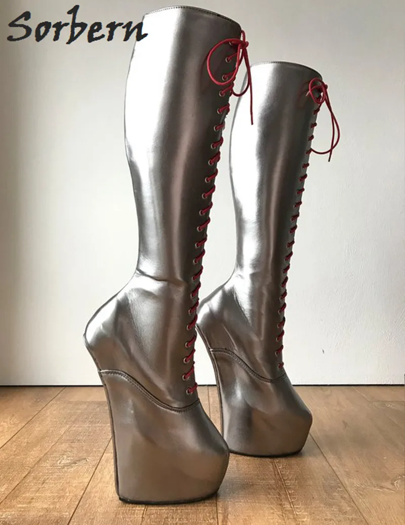 

Sorbern Grey Heavy Hoof Heelless Boots Knee High Thick Platform Custom Wide Fit Heels Sexy Fetish Boots Unisex Role Play Boots