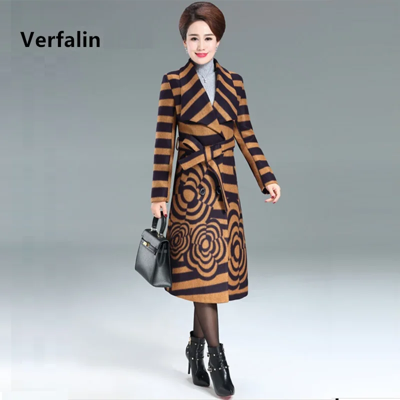 Verfalin 2017 Весной Женщины Шерстяное Пальто/Элегантный Полосой Формальные Длинные