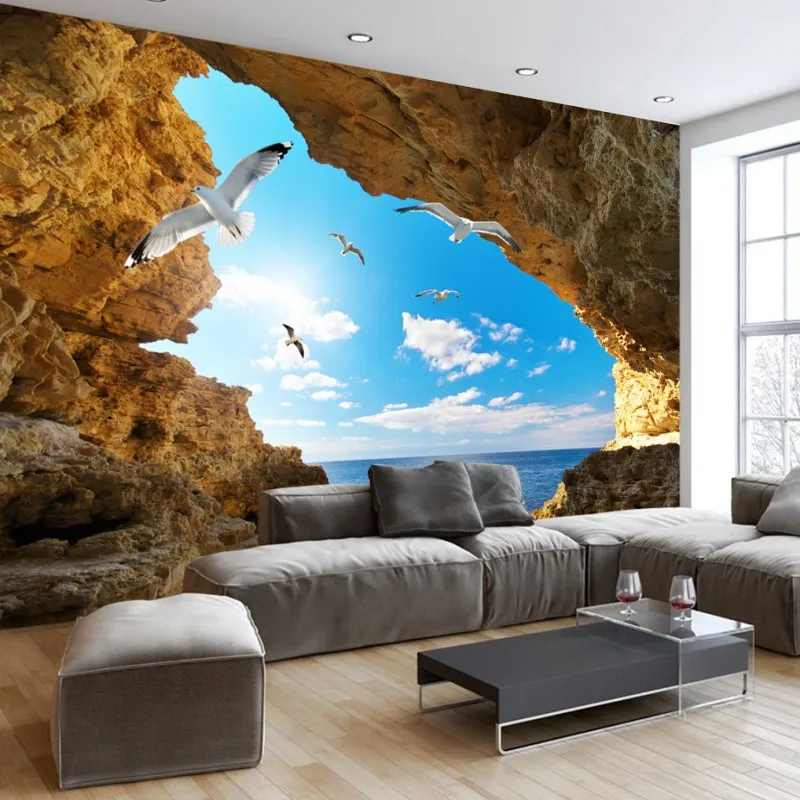 Фотообои на заказ 3D морской остров пещера Чайка роспись естественный пейзаж