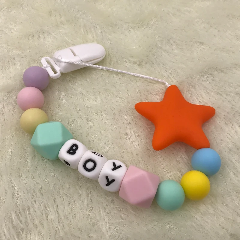 Soporte de cadena de chupete de silicona para beb&eacute;, productos de dentici&oacute;n, nombre personalizado, cuentas de silicona, estrella, mordedor, regalo de Ducha-1