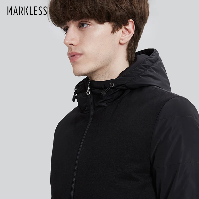 Markless Осень Зима теплые куртки с капюшоном для мужчин Slim Fit Модные повседневные Черные ветрозащитные спортивные пальто MYA7210M