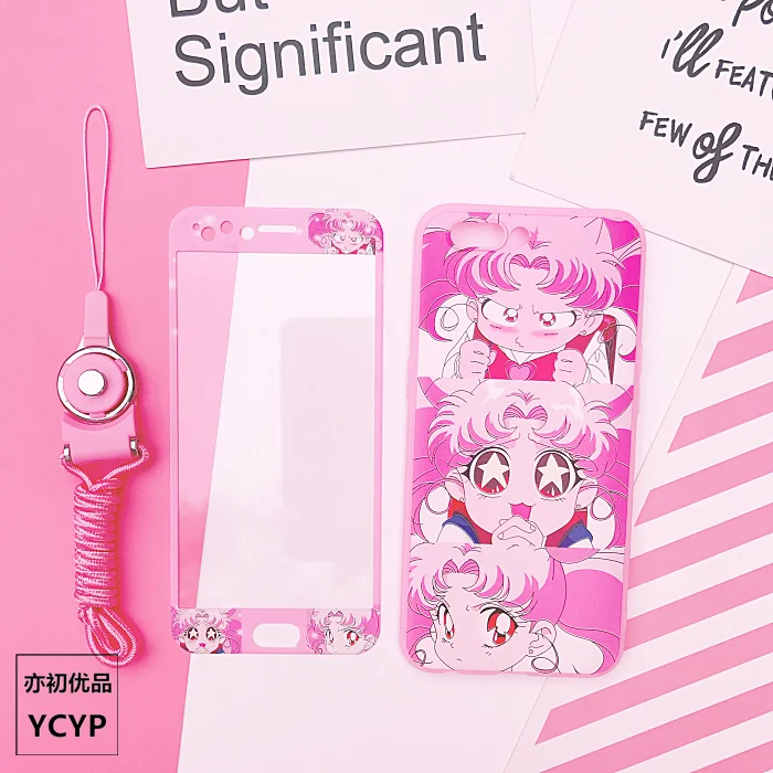 For iphone 7plus Sailor Moon Case +Tempered Glass Screen film for X 8 8plus 6 6S plus Pink cover+ Strap +Metal Gift box |