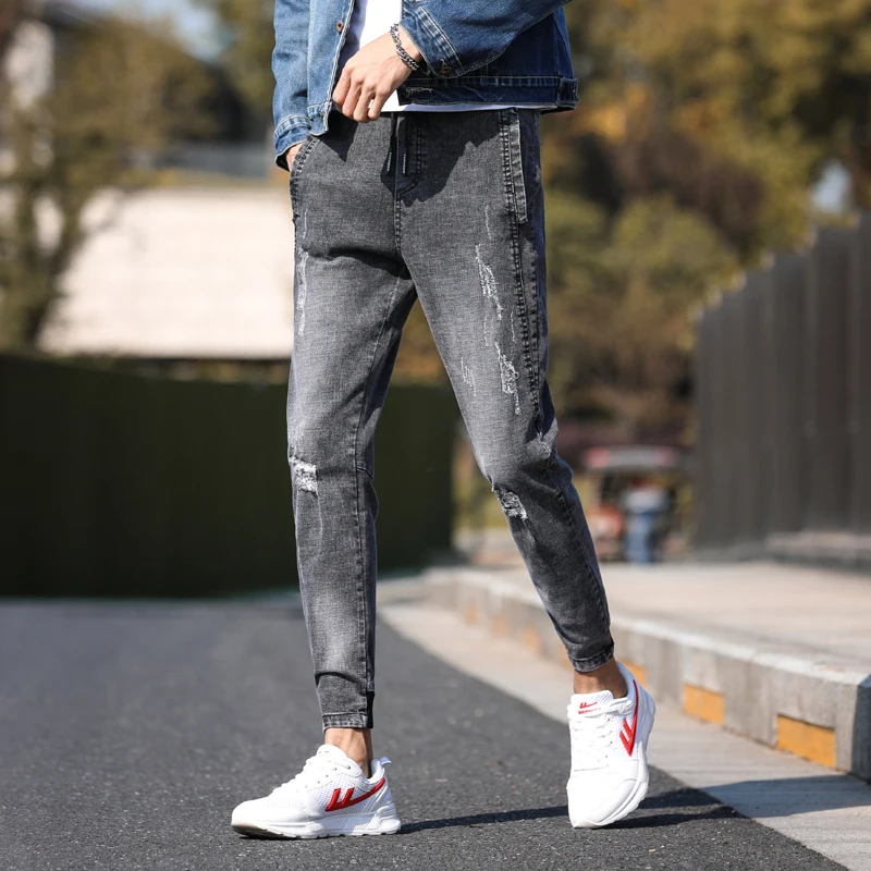 Ломающиеся джинсы мужские эластичные корейские брюки с небольшой посадкой новый
