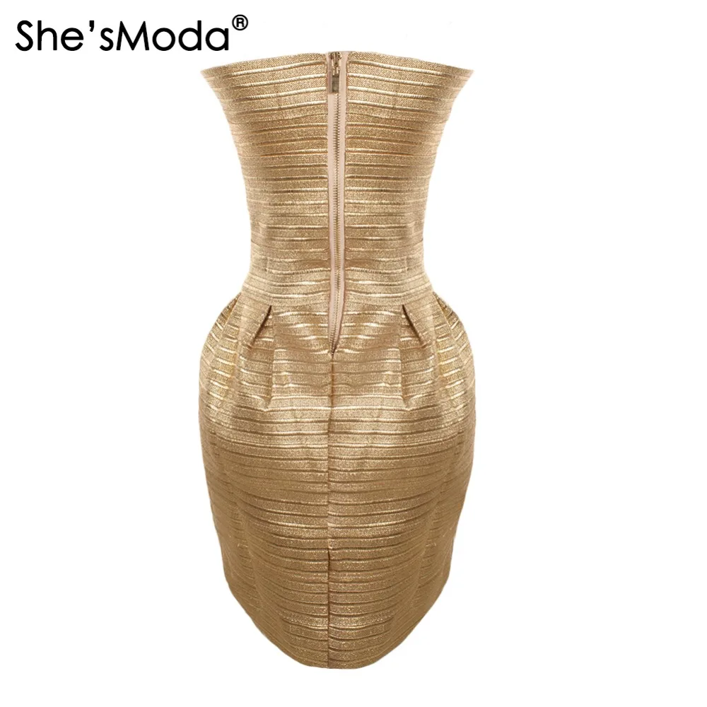 Женское Бандажное мини платье She'sModa Золотое облегающее на груди для свадебной