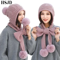 women sweet bowknot knitted hats scarf set women winter warm pompon beanies hat ski caps for girl thick skullies female cap