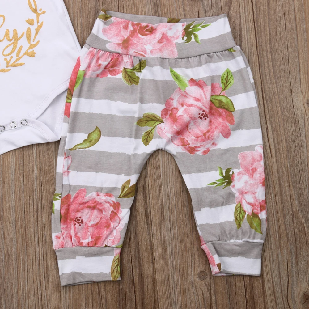 3 предмета Одежда для новорожденных девочек комбинезон топы штаны с цветочным