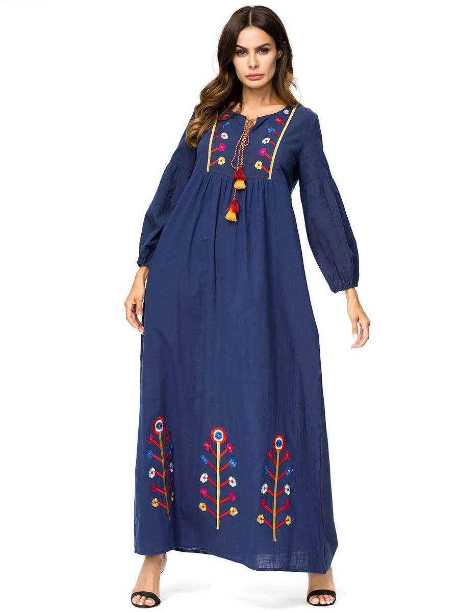 Арабский Платье Полный рукавом Высокая талия 2018 осень вышивка большие размеры