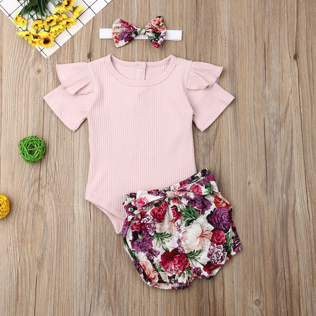 

Emmababy Newborn Baby Girl Clothes Solid Color Fly Sleeve Romper Tops Flower Print Short Pants Headband 3Pcs Outfits Clothes