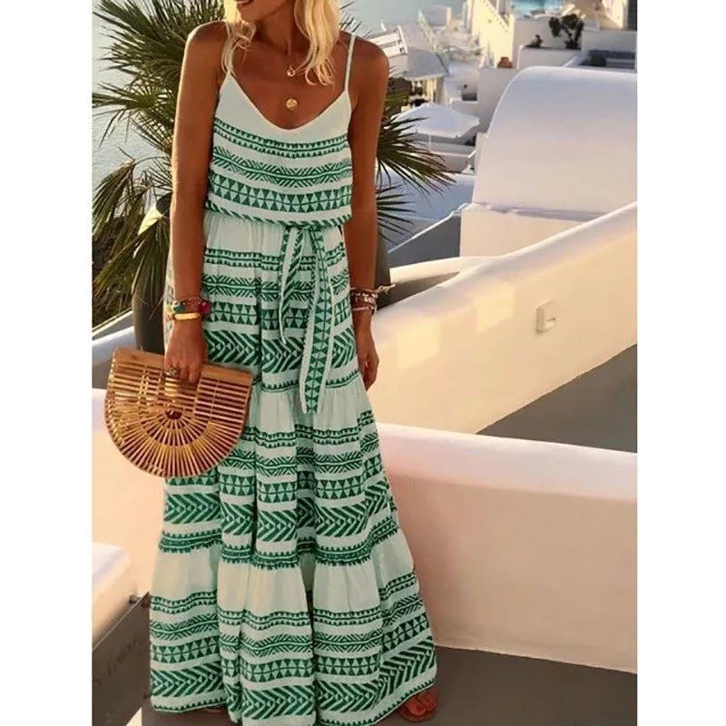 Plus Size Summer Dress Women Sleeveless Long Bohemian Loose Spaghetti Strap Beach Holiday Maxi Vestidos | Женская одежда