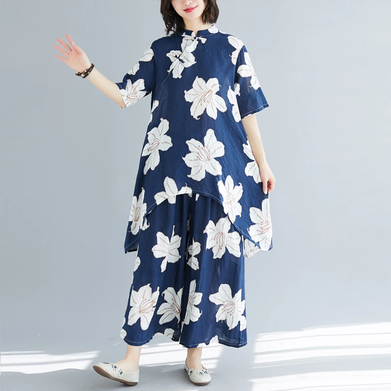Комплект из двух предметов: блузки и брюки Cheongsam летние широкие с эластичной