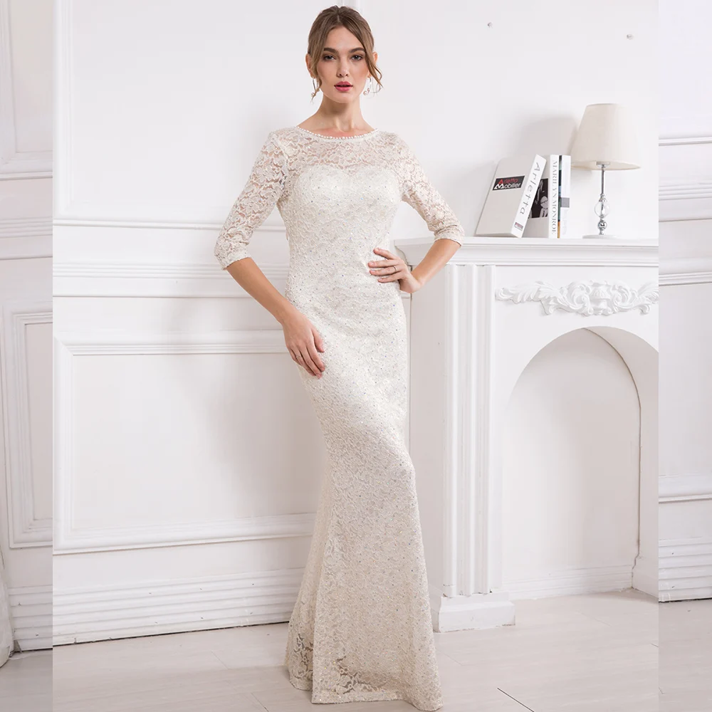 

Женское облегающее вечернее платье Angel-fashions, длинное облегающее кружевное вечернее платье с полурукавами, V-образным вырезом, украшенное бу...