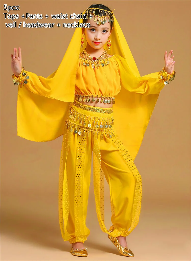 5pcs yellow Дети живота танцевальные костюмы для девушек индийский танец этап платье для сцены с длинным рукавом Восточная одежда детей болливудские танцы - Цвет: 5pcs yellow