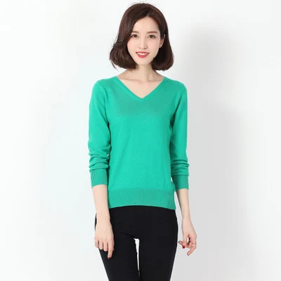 Emerald green Новинка, осень-весна, Модный женский сексуальный вязаный свитер ярких цветов с v-образным вырезом, верхняя одежда, пуловер, топы, вязаный кашемировый свитер для женщин - Цвет: Emerald green