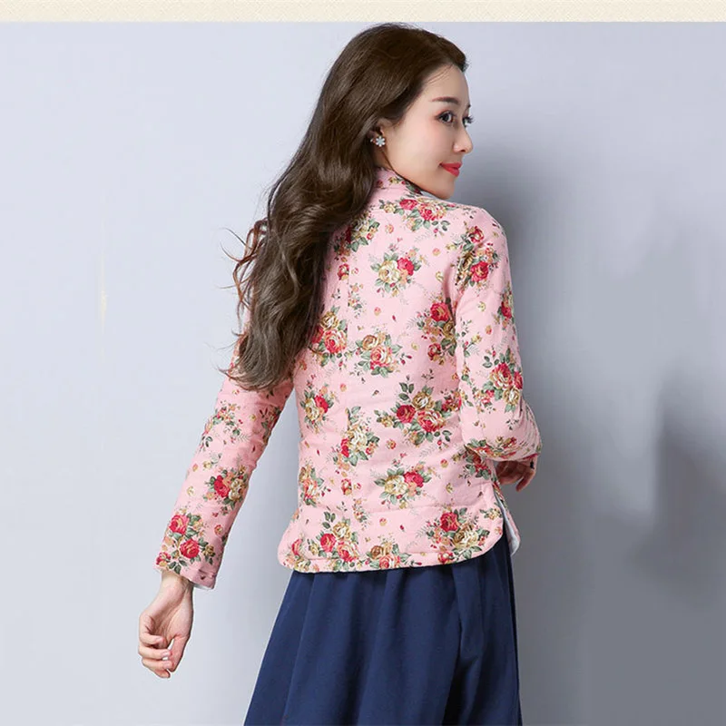 Куртка женская осенне-зимняя однобортная с цветочным принтом длинным рукавом f1231