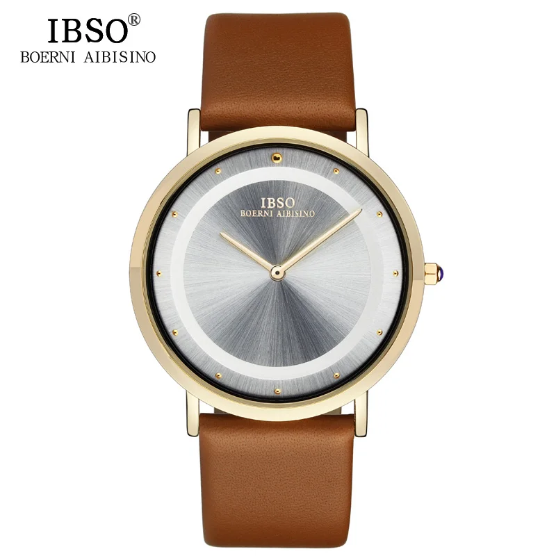 Silver brown IBSO 7 мм ультра-тонкий модные Кварцевые наручные часы Настоящая кожа ремень Для мужчин Часы Лидирующий бренд Роскошные часы Для мужчин синий водонепроницаемые Relogio Masculino - Цвет: Silver brown