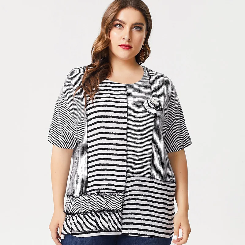 Большие размеры женские 2019 летние новые полосатые сшитые куртки брошь котенок o