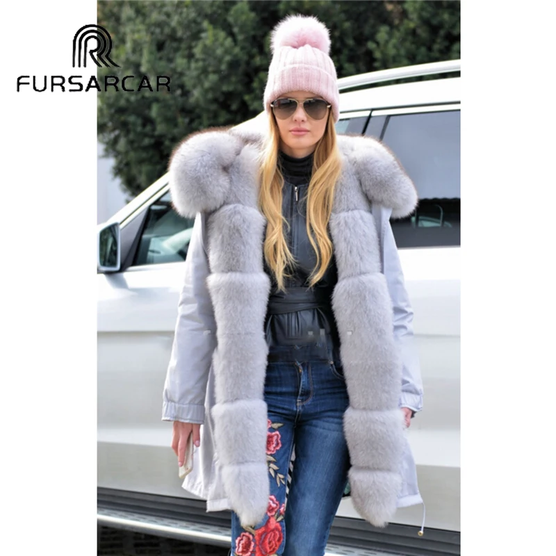 

FURSARCAR Military Style Real Fur Parka Women 80 CM Mid-Long Winter Coat With Fox Fur Collar And Cuff Fashion Warm Fox Fur Parka