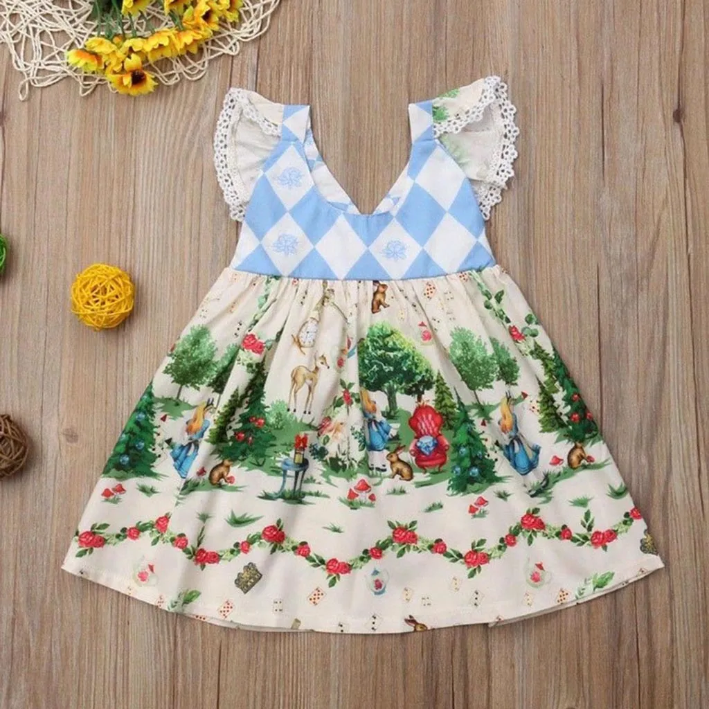 Toddler Kids Baby Girls Cartoon Floral V Neck Dress Princess Party Pageant Tutu Dresses Cute Sundress Lace Tiny Clothes | Детская одежда