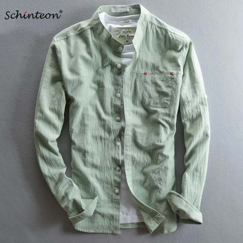 

Comfortable 2019 Men Summer Spring Linen Cotton Shirt Long Sleeves Slim Male Top Quality Over Size Green
