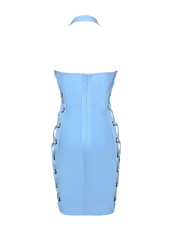 Новые женские Для летних вечеринок Комплект синего цвета повод полый вырез