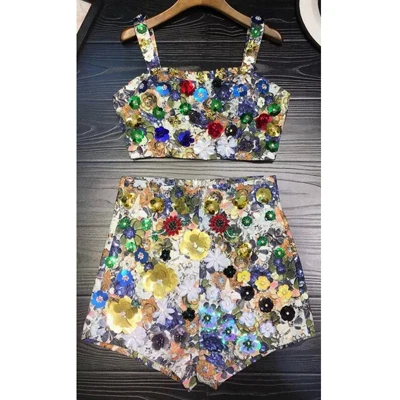 printed beading set Роскошные шорты с аппликацией из бисера, комплект для женщин, укороченный топ трапециевидной формы, Короткие штаны для женщин, уличная печать, комплект из 2 предметов, топ и штаны, наряды - Цвет: printed beading set