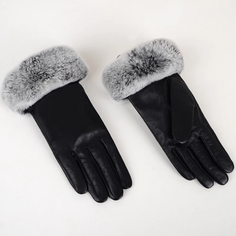 

Leather Gloves Women Warm Autumn Winter Soft Decoration Rex Rabbit Fur Wrist Coral Velvet Thick Real Fur Elegant Gloves