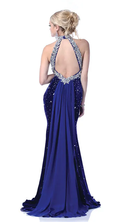 Elegant Halter Backless Beading Chapel Train Royal Blue Sparkle Velvet Mermaid Evening Dress | Свадьбы и торжества