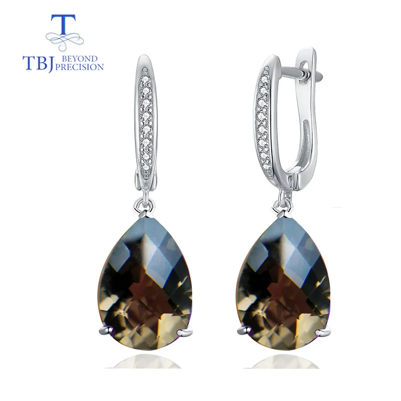 TBJ, натуральный дымчатый кварц, шахматная огранка, 15.5ct, настоящий драгоценный камень, висячие серьги с застежкой, серебро 925 пробы, хорошее ювелирное изделие для женщин