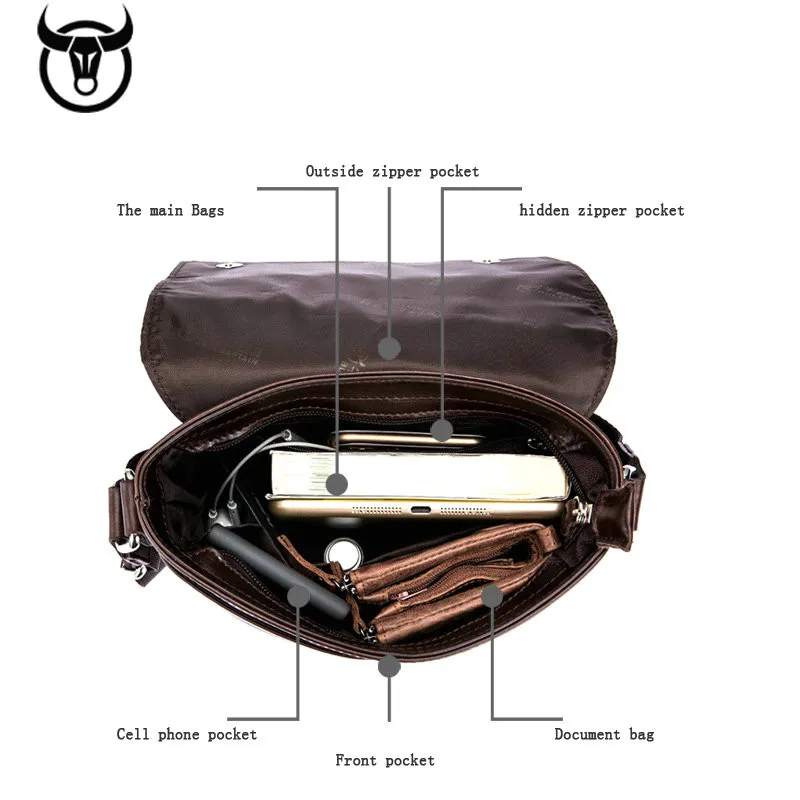 BULLCAPTAIN Messenger bag men's shoulder Genuine Leather strap Male Crossbody Bags Business Ipad Men Handbags |