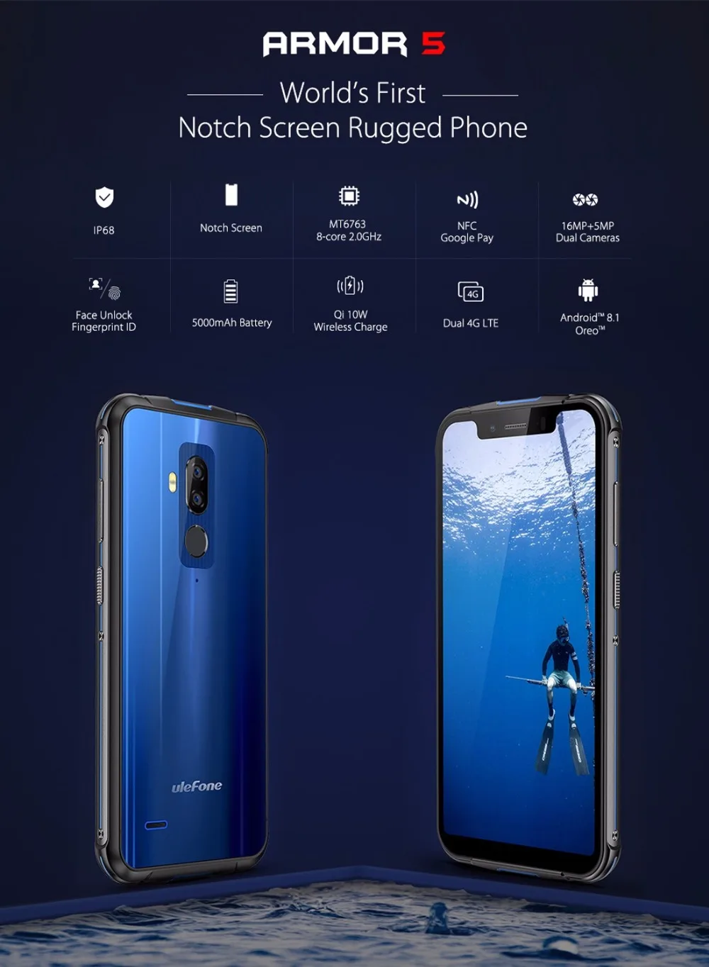 Ulefone Броня 5 IP68 Водонепроницаемый Беспроводной заряжать смартфон 85 &quotHD + MT6763 Octa Core