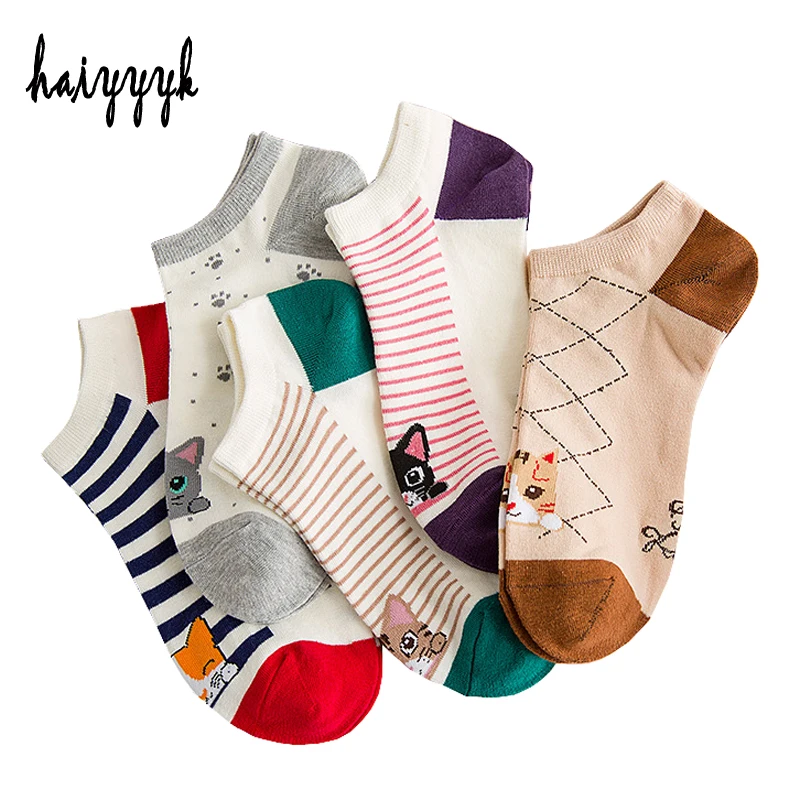 

5Pair/Lot Cute Cat Striped Women Socks Creative Casual Cotton Funny Animals Socks For Women Invisible Ankle Socks Size EUR 36-41