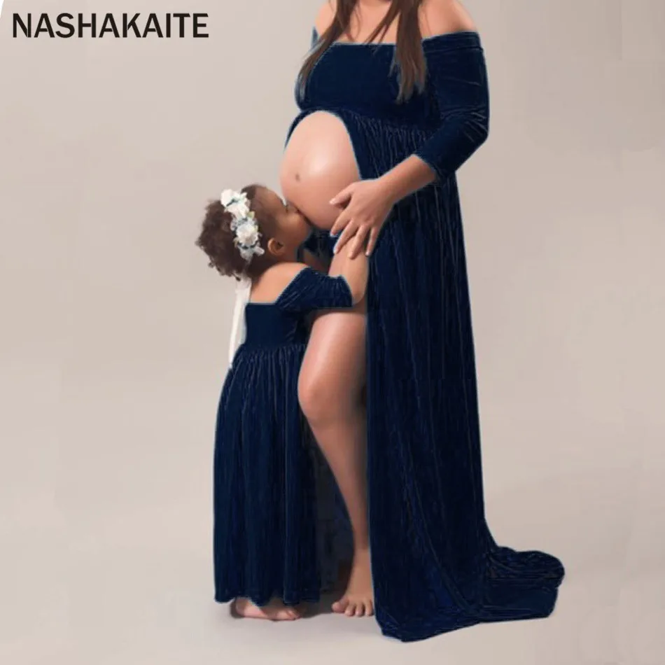 Navy NASHAKAITE/одежда «Мама и я» однотонное длинное платье для беременных Платья для мамы и дочки г. Семейные комплекты ropa mama e hija - Цвет: Navy