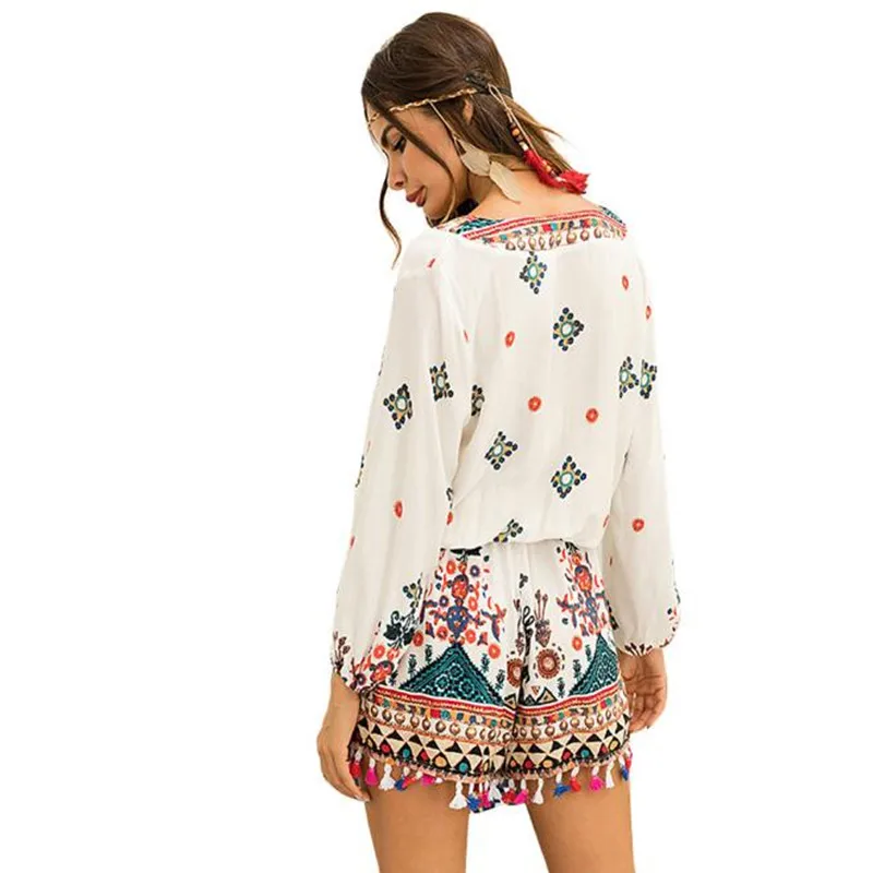 Женский шифоновый комбинезон с вышивкой длинным рукавом и V образным