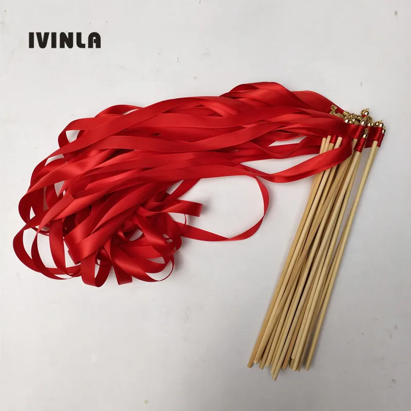 Newest 50pcs/lot red and red  wedding ribbon wands with gold bell for wedding decoration