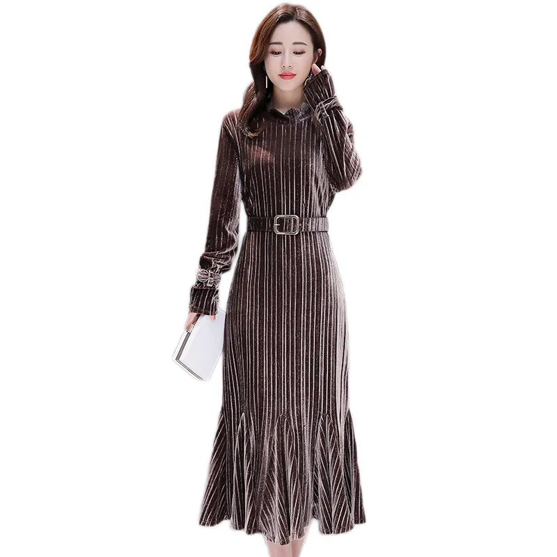 Новое Женское платье весенне-осеннее Золотое бархатное до колена с длинным