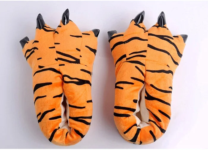 tiger slippers KIGUCOS/зимние теплые мягкие домашние тапочки для хеллоуина; Мужская, женская, детская обувь; Плюшевые тапочки в виде лап забавного животного монстра - Цвет: tiger slippers
