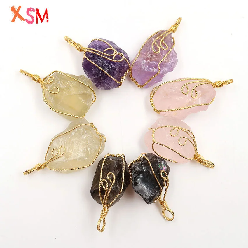 xinshangmie Simple Design Rose Gold Color Irregular Shaped Natural Amethysts Quartzs Wire Wrapped Pendant Charm Jewelry | Украшения и